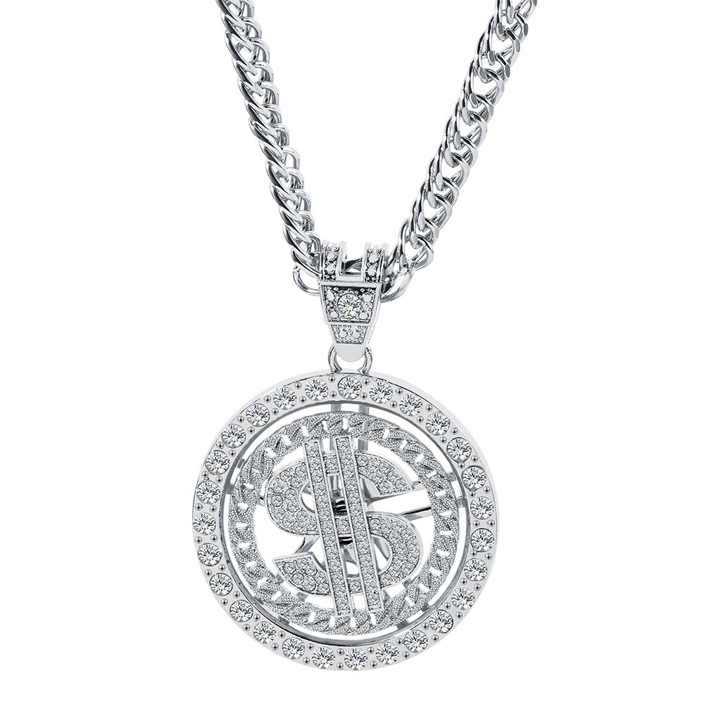 Cross-Border Fashion 360-Degree Rotating US Dollar Pendant Diamond Gold Coin Rotating Cuban Pendant Necklace Ornament