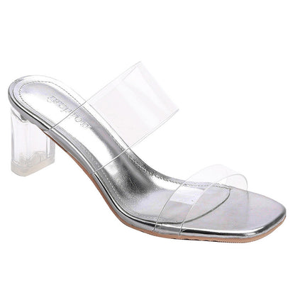 Sandals Women's High Heels Summer New Fashion Transparent Mid Heel Crystal Shoes Sandals Chunky Heel Outdoor Slippers