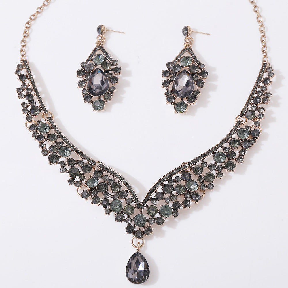 D416 Exquisite Colorful Crystal Glass Drop-Shaped Necklace Earrings Wedding Decoration Two-Piece Set Bridal Jewelry