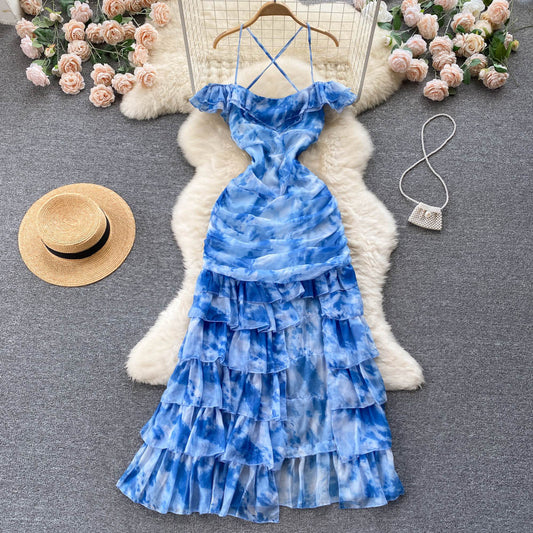 VAKKV Cute Spaghetti Straps Long Blue Floral Dress Women Holiday Dress P234