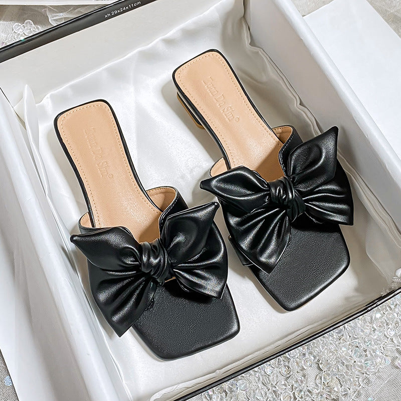 New  Style Bow One Strap Square Toe High Heel Sandals Women's Summer Outdoor Wear plus Size Women's Shoes 41-43