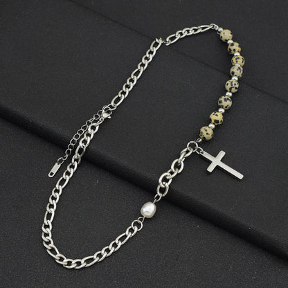 Niche Design Glass Beaded Stitching Chain Cross Pendant Necklace Tide Personalized Hip Hop Clavicle Chain Jewelry