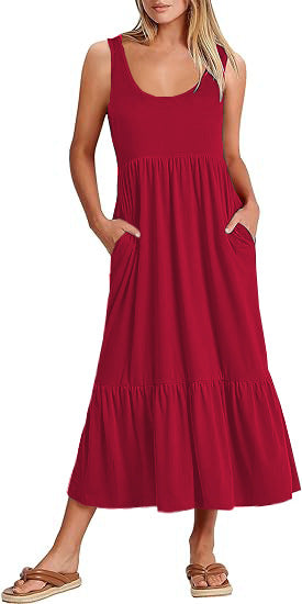 Cross Border Hot Summer Sleeveless Vest Dress Expansion Skirt Casual Elegant Layered Beach Pocket Dress for Women