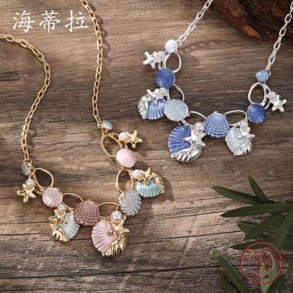 vakkv  Cross-Border New Arrival Colorful Painting Oil Shell Starfish Necklace Fresh Beach Shell Women's All-Match Necklace Wholesale