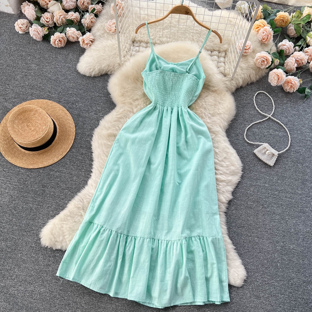 VAKKV Vintage Spaghetti Straps Sleeveless Mint Green Summer Holiday Dress P245