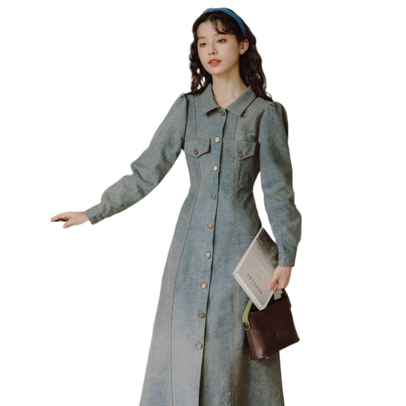 Autumn new retro Hong Kong style POLO collar design single breasted denim dress made of vintage French shirt long skirt