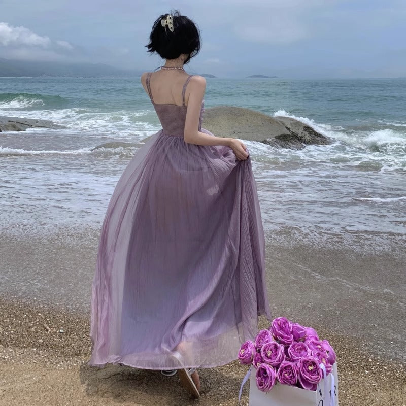 VAKKV  Seaside Holiday Gentle Beautiful Chiffon Sling Dress Summer Atmosphere High Waist Mesh Long Skirt