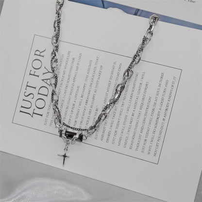 HOTan and NEWn Simple Black Zircon Niche Design Cross Stitching Advanced Fashion Disco Titanium Steel Clavicle Chain Necklace