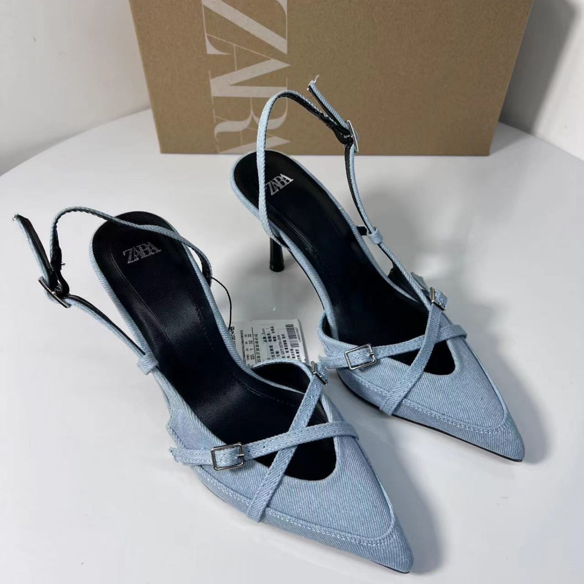 Sky Blue Denim Pointed Buckle High Heel Sandals Cross Strap  New Women's Shoes Za High Heels  Style