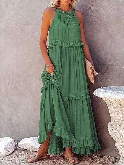 European and American 2024 Summer New Holiday Ruffled Long Dress  Wide Hem Flowy Beach Dress for Women