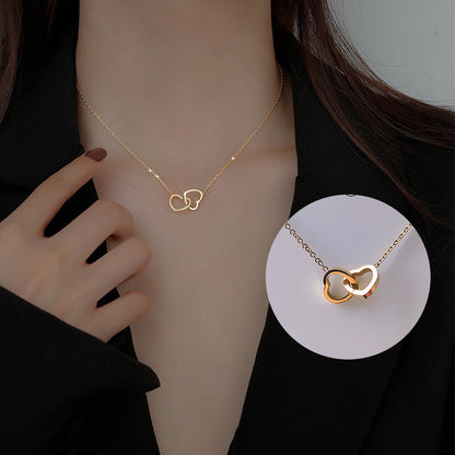 Korean Style 18K Rose Gold Simple Double Ring Heart Clavicle Chain Titanium Steel No Fading Online Influencer Necklace Niche Ins Ornament