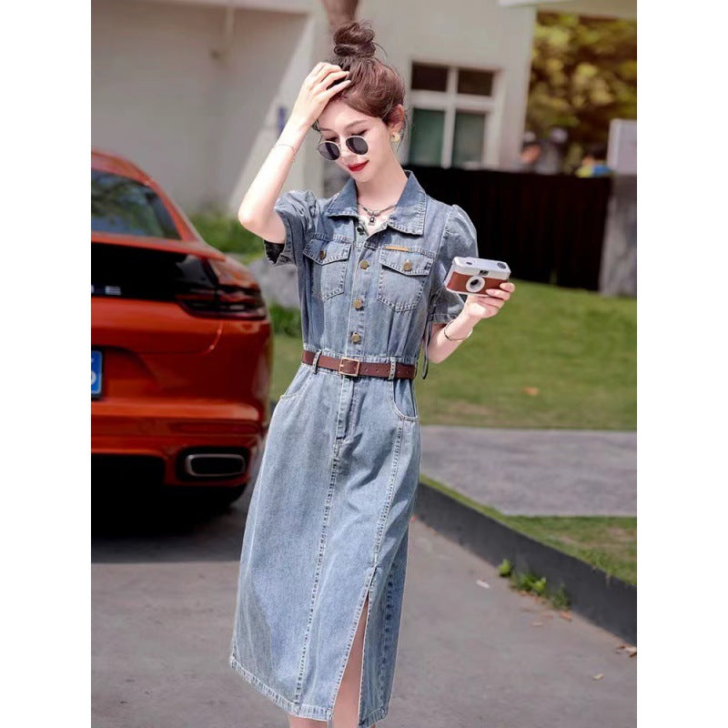 Retro Short Sleeve Soft Denim Dress Female  New Summer Thin Elegant High Sense Petite Skirt