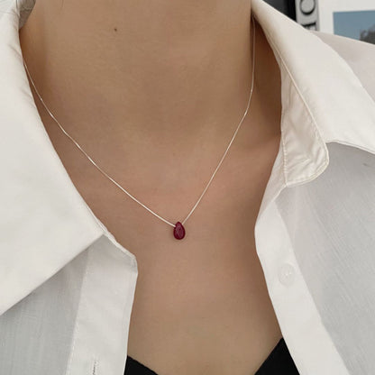 S925 Sterling Silver Water Drop Natural Stone Chalcedony Necklace Women's Special-Interest Design Simple Ins Xiaohongshu Same Style Clavicle Chain