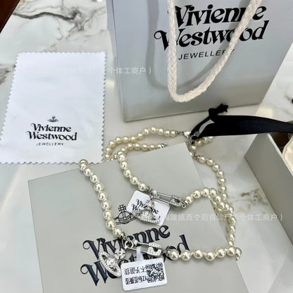 VAKKV High Version of the Queen Mother Classic Saturn Pearl Pin Necklace Weiwei'an European and American Retro Design Clavicle Chain Necklace