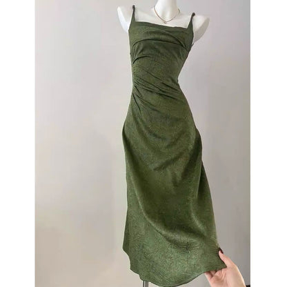 VAKKV  Fahua Factory-Streamer Texture Satin Dress  Retro Green Suspender Skirt Slim Fit Long Dress