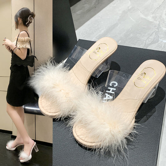 Fashion Fur Hyoma Women's Spring and Summer  New Open Toe Square Toe Stiletto Heel Internet-Famous Outdoors High Heel Semi-Slipper Women