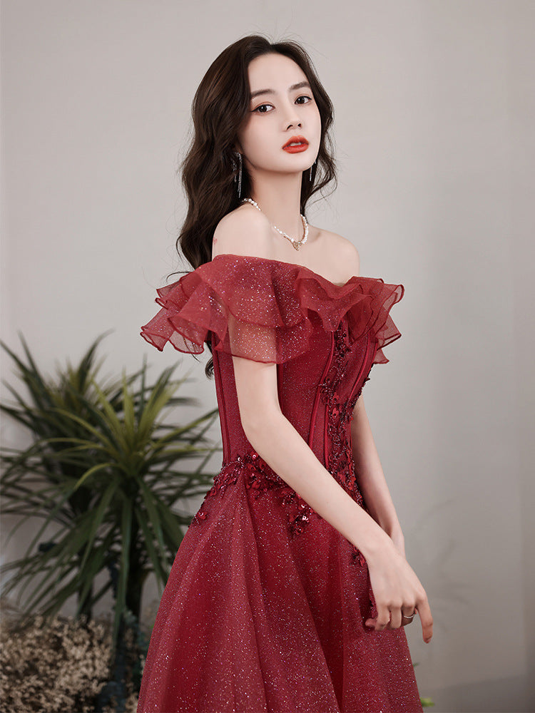 VSKKV Wine Red Toast Clothing  New Bridal Wedding Temperament Engagement Dress Wedding Banquet Small Evening Dress Women