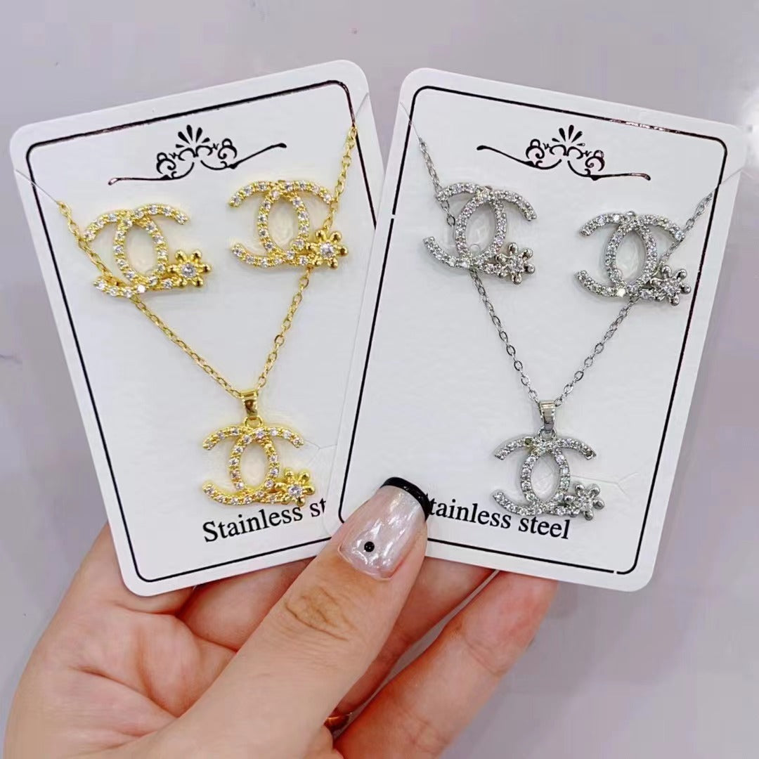 vakkv Cross-Border Hot  Diamond Necklace and Earrings Suite HOTan NEWn Simple Versatile Clavicle Chain Factory Wholesale Direct Wholesale