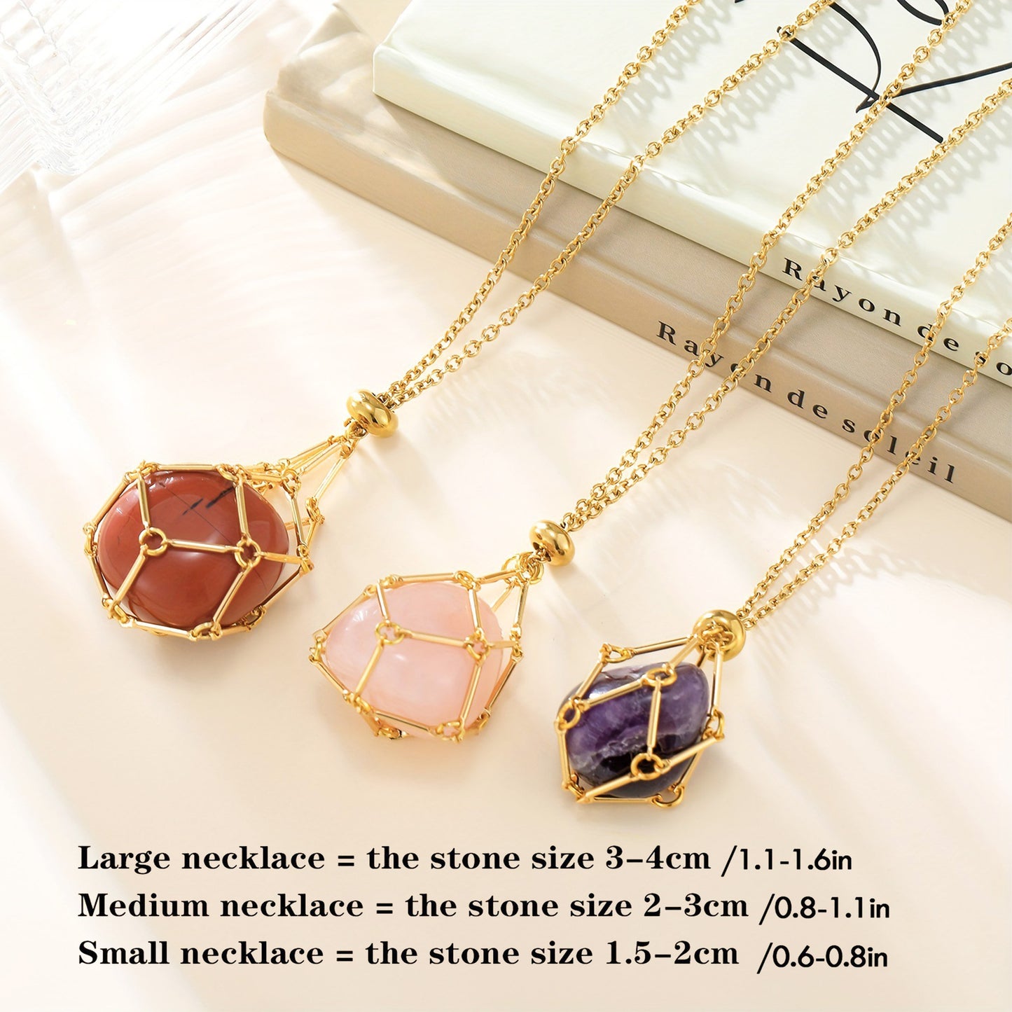 Natural Crystal Stone Mesh Bag Metal Bamboo Necklace Woven Prisoner's Cage Pendant Adjustable Chain Mesh Bag Pendant