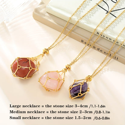 Natural Crystal Stone Mesh Bag Metal Bamboo Necklace Woven Prisoner's Cage Pendant Adjustable Chain Mesh Bag Pendant