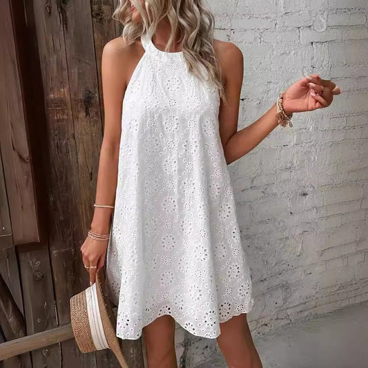 2024 Europe and America Cross Border Hot Trade Summer New Women's Lace Solid Color Sleeveless Button Halter  Dress