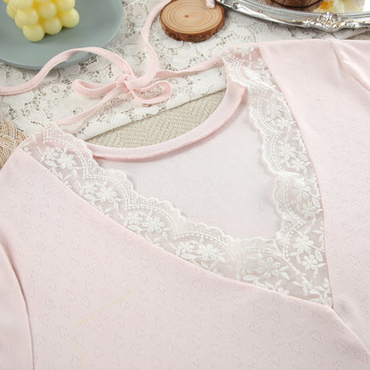 VAKKV 2025 summer pink knitted love jacquard pajamas two-piece set splicing lace straps women's loungewear