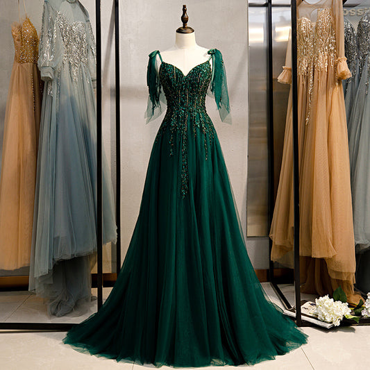 Banquet Evening Dress 2004 New Small Trailing Elegant Party Gathering Dress Dark Green Evening Dress One Piece Dropshipping