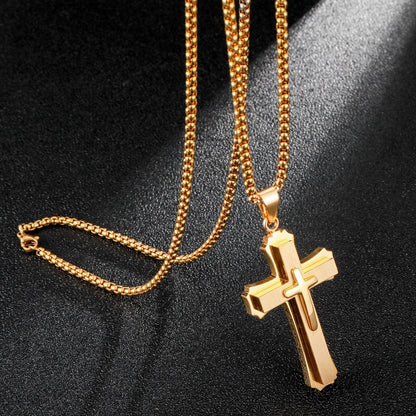 vakkv  HOTan Hip Hop Vintage Men's Cross Titanium Steel Necklace Trendy Three-Layer Stainless Steel Pendant Ornament Wholesale