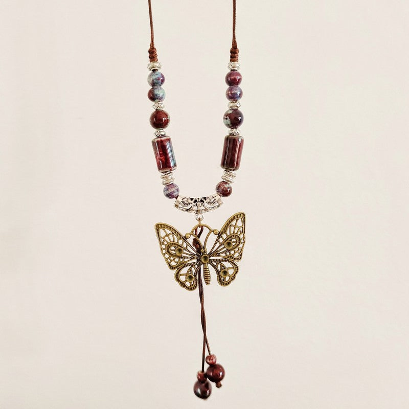 vakkv  Noble Butterfly Ethnic Style Ceramic Long Sweater Chain Women's Ancient Style Ornaments Retro Chinese Style Butterfly Necklace Wholesale