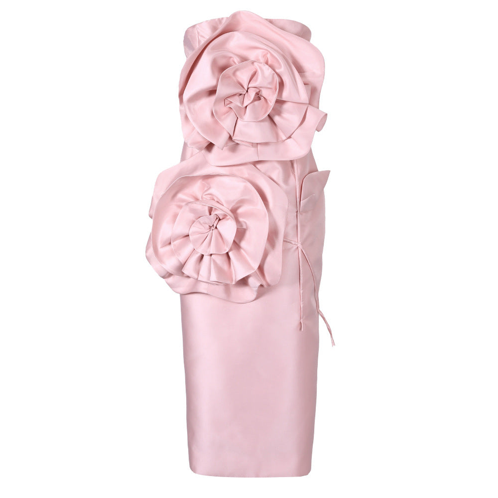 VAKKV  Niche Design Three-Dimensional Flower Tube Top Dress Women's Autumn New Elegant Backless Lace up Evening Dress