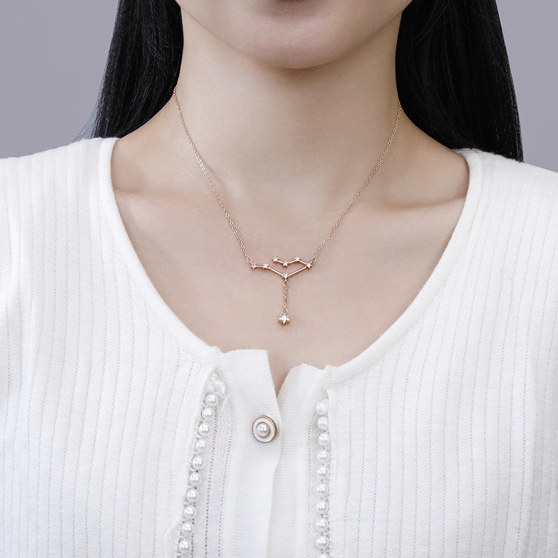 vakkv  Jinyili S925 Silver Twelve Constellation Zircon Necklace Simple All-Match Special-Interest Design Tassel Pentagram Clavicle Chain