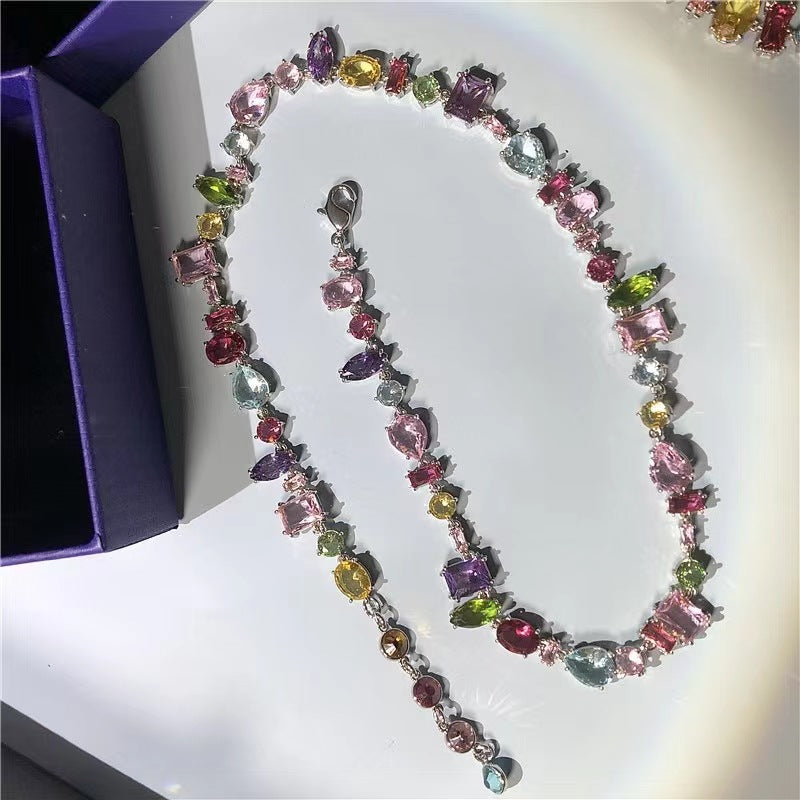 Sweetheart Candy Color Crystal Zircon Necklace Light Luxury High-Grade Love Rainbow Clavicle Chain Female Ins Niche Fashion