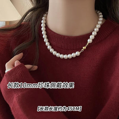 Shijiaao White Magnetic Buckle Perfect Circle Pearl Necklace for Women Autumn and Winter New Sweater Chain Light Luxury Temperament Necklace Wholesale