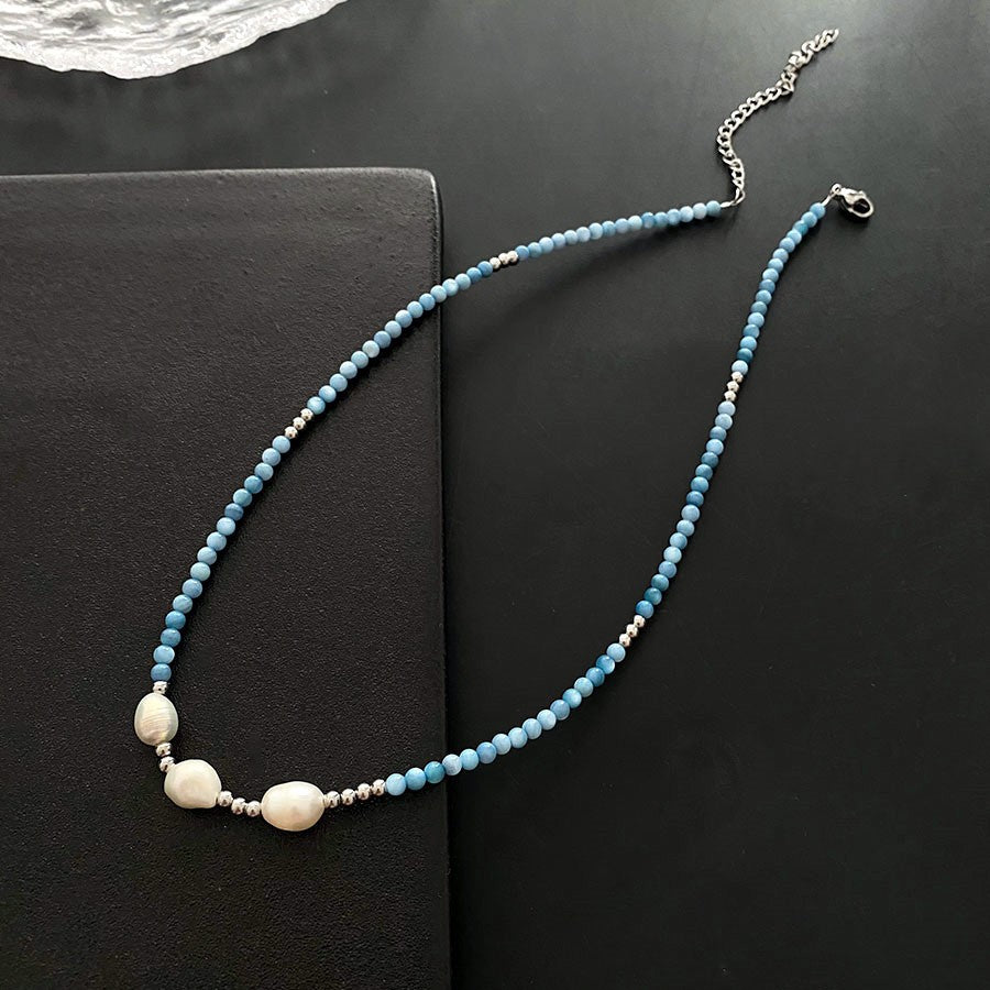 vakkv Vintage Simple and Light Luxury Pearl Natural Stone Natural Crystal Titanium Steel Beaded Freshwater Pearl Necklace Women's Clavicle Chain