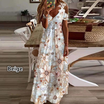 2024 Europe and America Cross Border  Women's Summer New Lace Sling V-neck Fashion Print Loose Dress