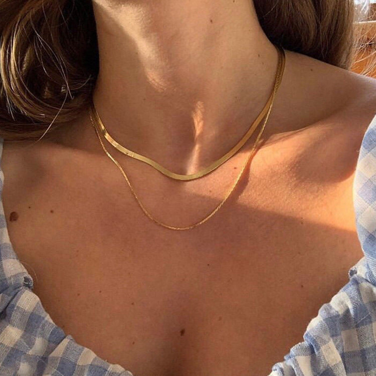 HOTan and NEWn Ins Style Retro Double Layer Snake Bones Chain Flat Chain Necklace Female Clavicle Chain Fashion Personality Short Kendall Jenner Titanium Steel