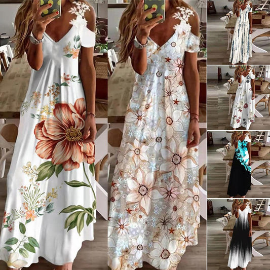 2024 Europe and America Cross Border  Women's Summer New Lace Sling V-neck Fashion Print Loose Dress