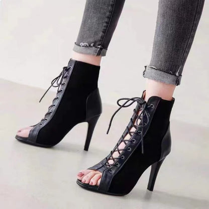 HOTan and NEWn Lace-up Sandal Boots Women's  Summer Hollow-out Ankle Boots Stiletto Heel Dancing Shoes plus Size Open Toe Sandals