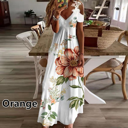 2024 Europe and America Cross Border  Women's Summer New Lace Sling V-neck Fashion Print Loose Dress