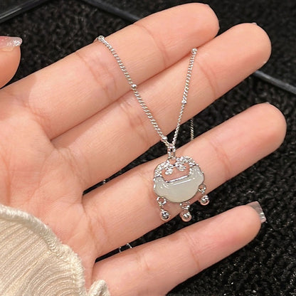 S925 Sterling Silver Hetian Jade Necklace Women's Fashion All-Match Ruyi Safety Lock Pendant New Chinese Style Ancient Style New Ornament