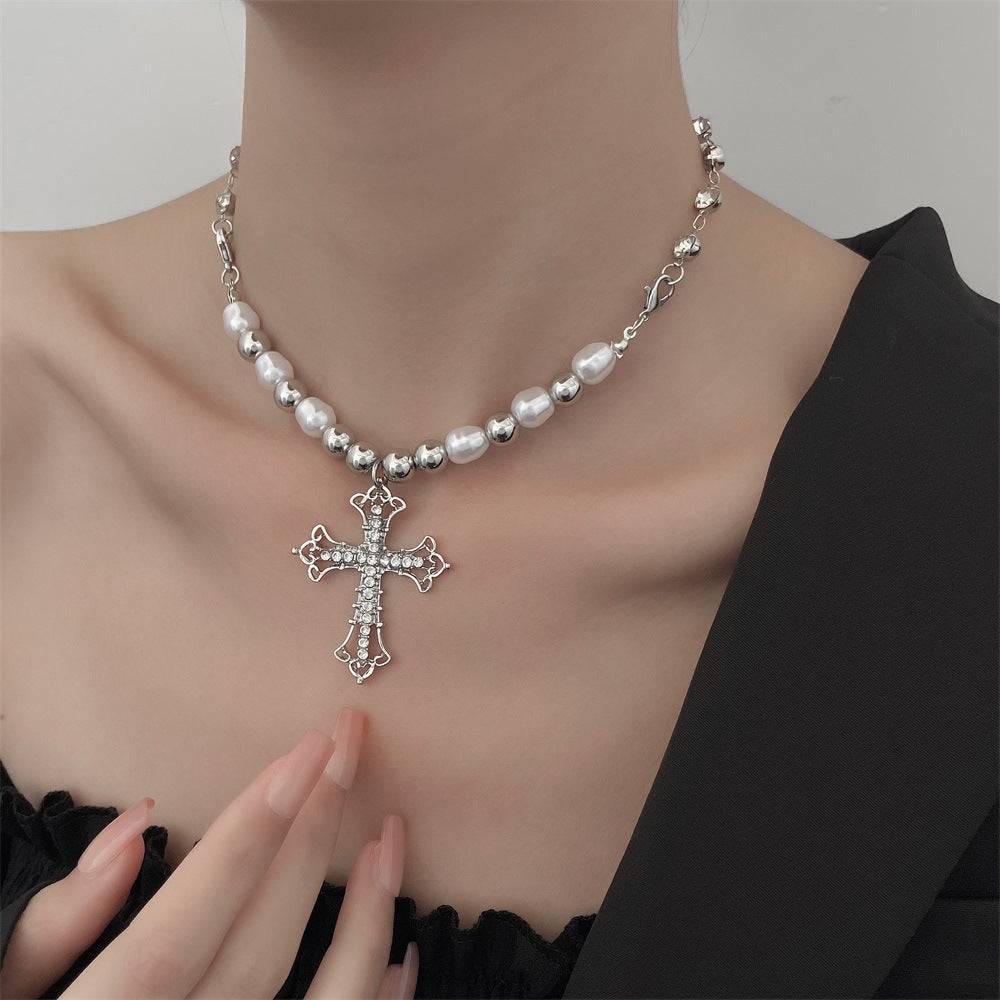 vakkv Full Diamond Cross Pearl Necklace Isn Style Hip Hop Niche Personality Punk Summer New Accessories Accessories Wholesale