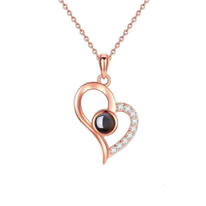 Cross Border Hot Selling Love Heart Oblique Peach Heart Necklace 100 Languages I Love You Simple Clavicle Chain Picture Customization