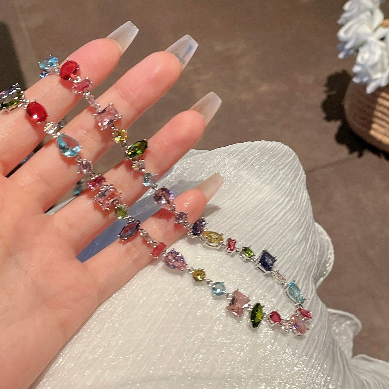 Sweetheart Candy Color Crystal Zircon Necklace Light Luxury High-Grade Love Rainbow Clavicle Chain Female Ins Niche Fashion