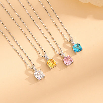 Square Sugar Necklace S925 Sterling Silver Colorful Geometric Square Diamond Super Flash Clavicle Chain Fashion Simple Female Citrine Pendant Necklace Set