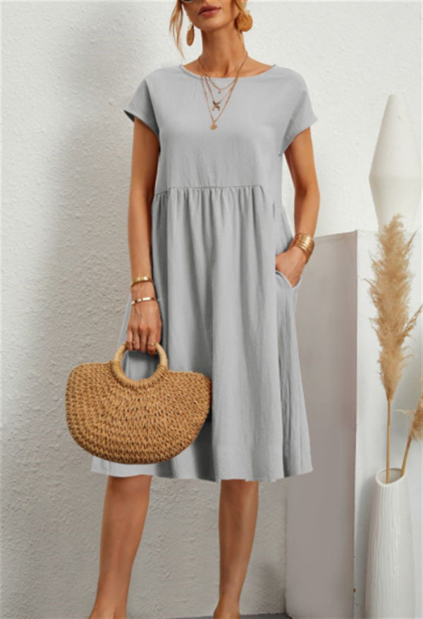 2024 European and American Fashion Summer Ol Temperament Women's Clothing Cotton Linen round-Neck A- line Skirt Dress Factory Wholesale