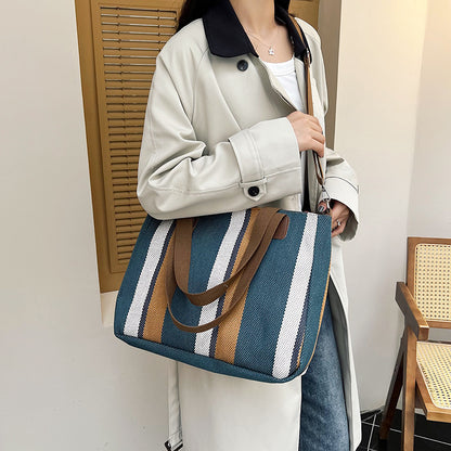 Big Bag for Women  New Fashion Striped Canvas Bag Commuter Portable Tote Bag Fashionable Shoulder Crossbody Mummy Bag