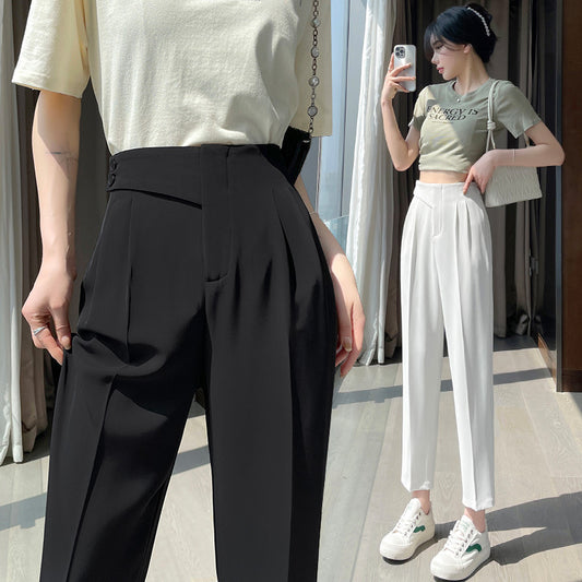 Ice Silk Suit Pants Women's Straight Summer Thin High Waist Slimming Plump Girls plus Size Harem Pants Harem Ankle-Length Cigarette Pants