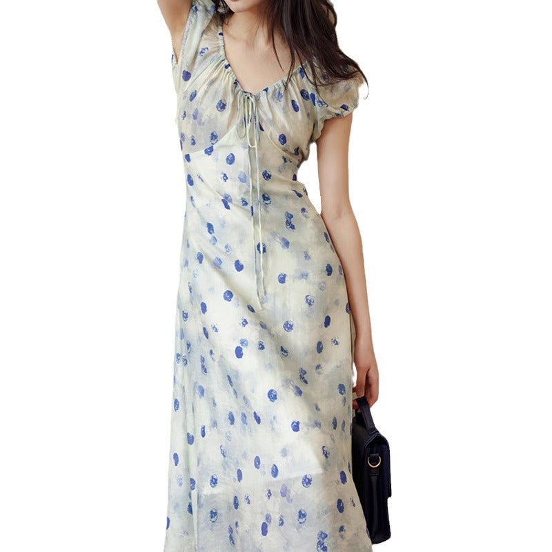 2024 Elegant Wave Point Drawstring V-Neck Lace up Long Dress for Celebrity French Tea Break Design Sense Holiday Dress