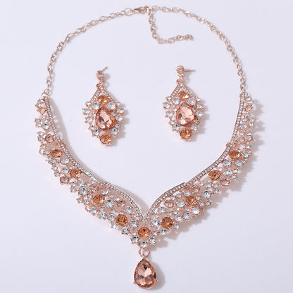 D416 Exquisite Colorful Crystal Glass Drop-Shaped Necklace Earrings Wedding Decoration Two-Piece Set Bridal Jewelry