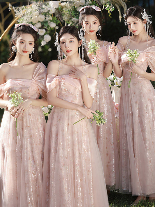 VSKKV Bridesmaid Dress Wedding Daily Style High-Grade Niche Pink Fairy Temperament Small Size Sisters Group Evening Dress for Women